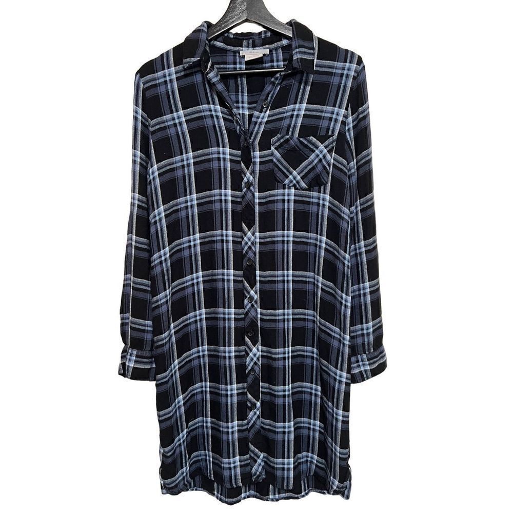 BLL Nyc Navy Blue Black plaid flannel shirt dress open duster Sm Soft